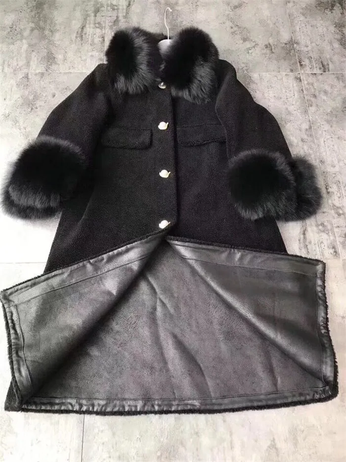 Пальто из натурального овечьего меха, двухстороннее меховое зимнее пальто для женщин, Воротник из натурального Лисьего меха, длинная куртка, теплое пальто