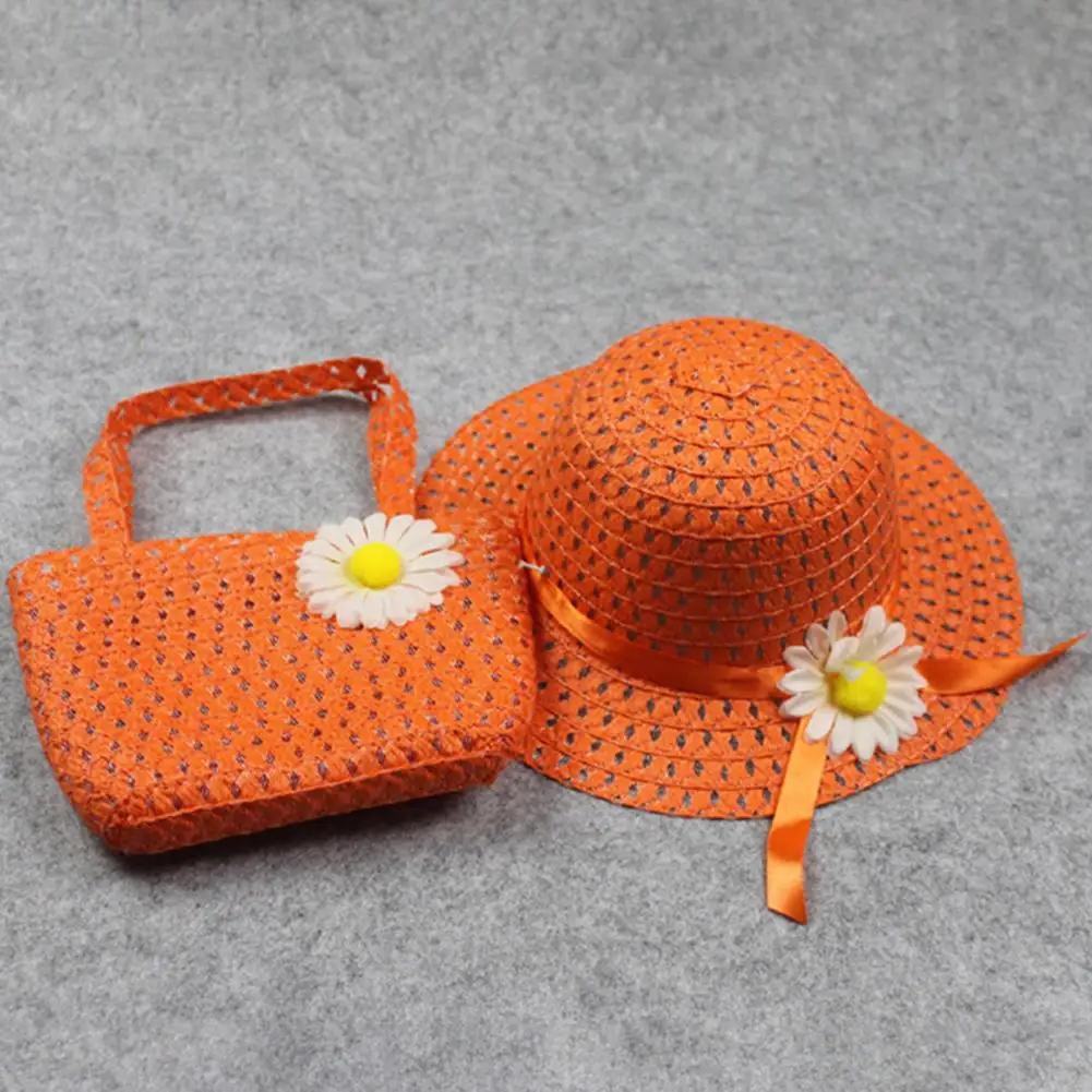 Flower Sun Straw Hat With Handbag Beach Suit Kid Girl Beach Hat Portable Summer Sun Cap Outdoor Riding Purse Sets With 2 Handles