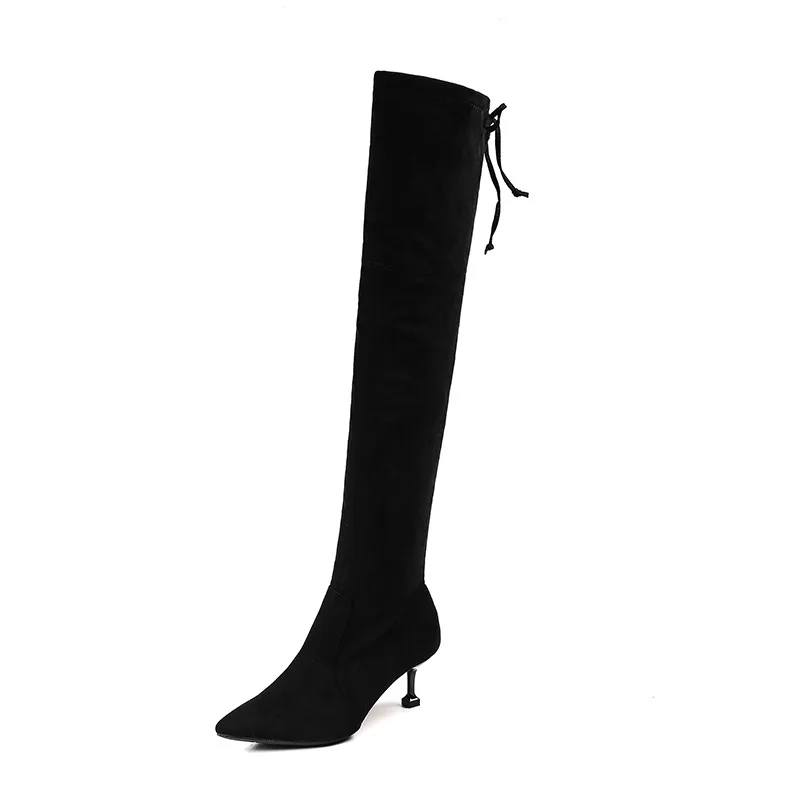 Тянущиеся высокие сапоги с острым носком черные флоковые Ботинки Челси на шнуровке модные ботфорты на высоком тонком каблуке Женская обувь