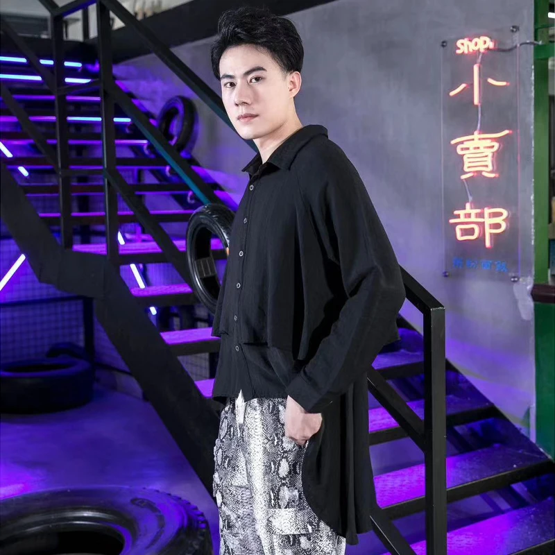 S-6XL! New Men clothing Bigbang Hair Stylist fashion casual Round hem shirt Plus size stage singer costumes