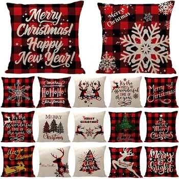 

1Pcs Christmas Deer Black Red Plaid Alphabet Pattern Cotton Linen Throw Cushion Cover Home Sofa Bed Decorative Pillowcase 40674