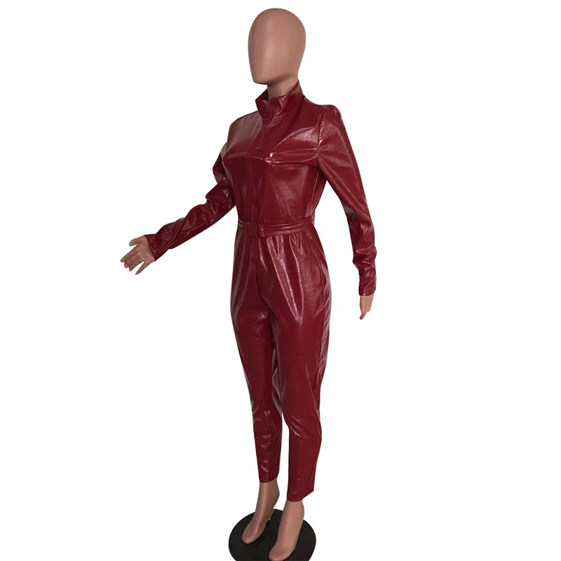 Red Black PU Leather Jumpsuit Front Zipper Sexy V Neck Erotic Spandex Skinny Romper with Belt Night Club Overalls Latex Costumes