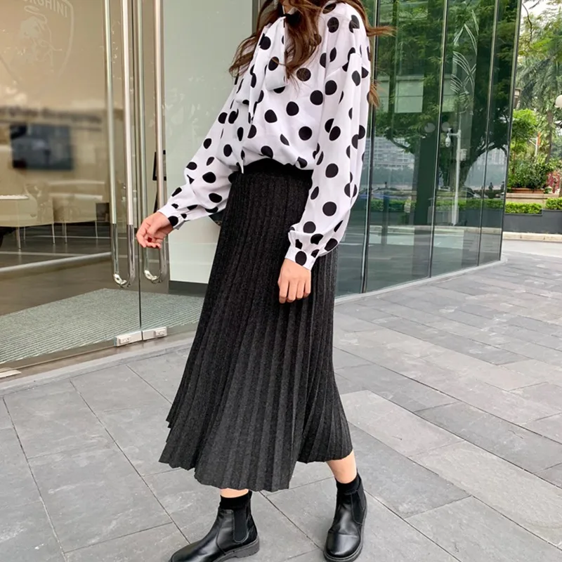 Высокая талия Женская плиссированная юбка осень зима модная Свободная юбка однотонная повседневная юбка средней длины