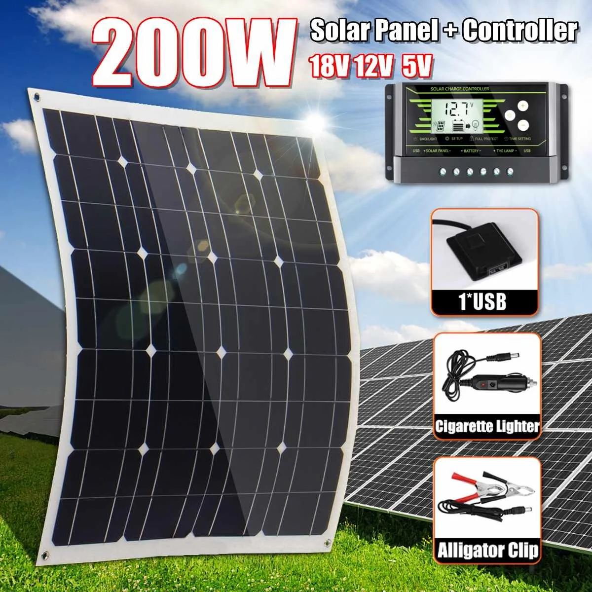 

NEW 200W Solar Panel 18V 5V Flexible MonoCrystalline Silicon With 10/20/30A Controller for Outdoor Solar Battery