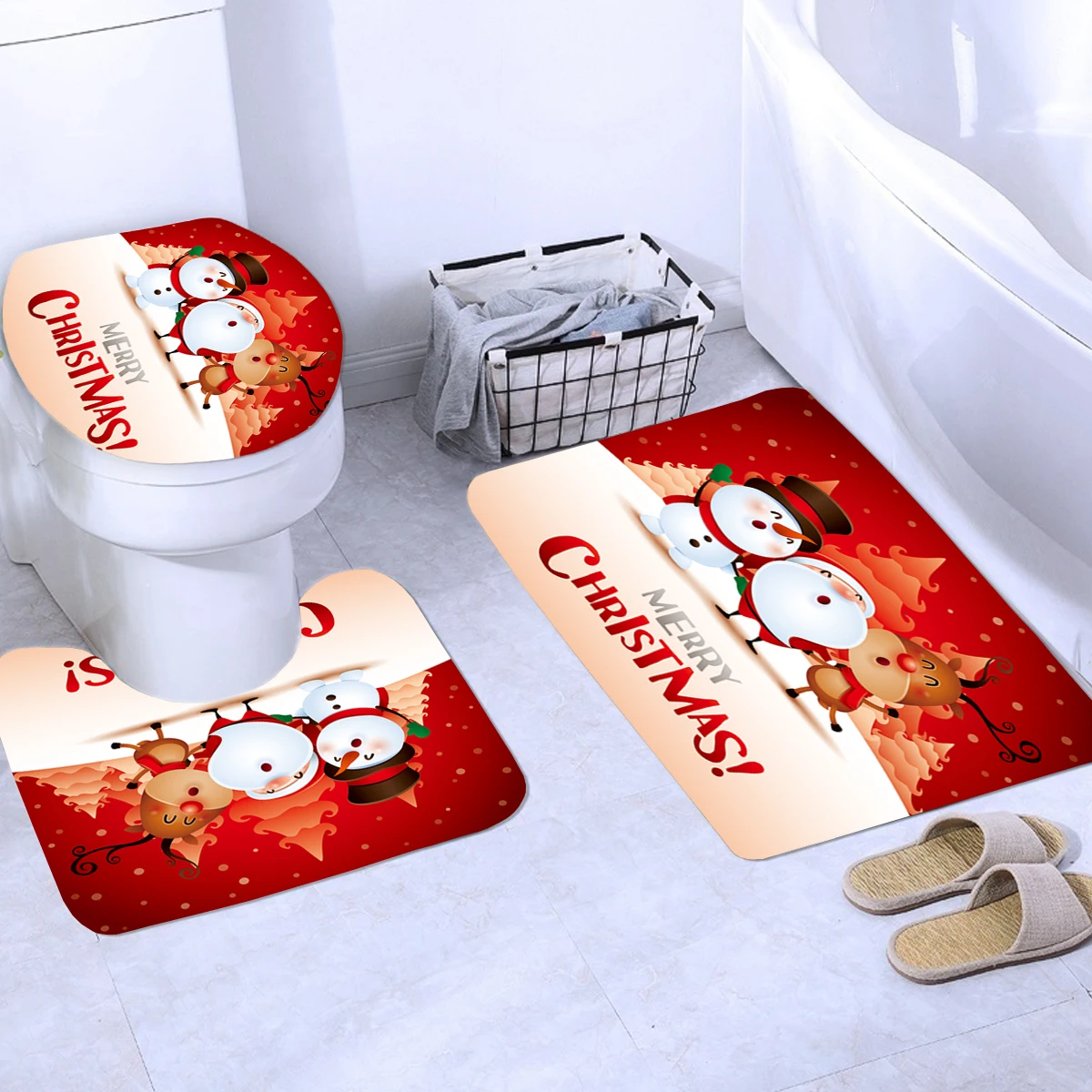 Merry Christmas набор для ванной, снеговик, Санта, лось, узор, водонепроницаемый, занавеска для душа, крышка для туалета, коврик, нескользящий, ковер, домашний декор