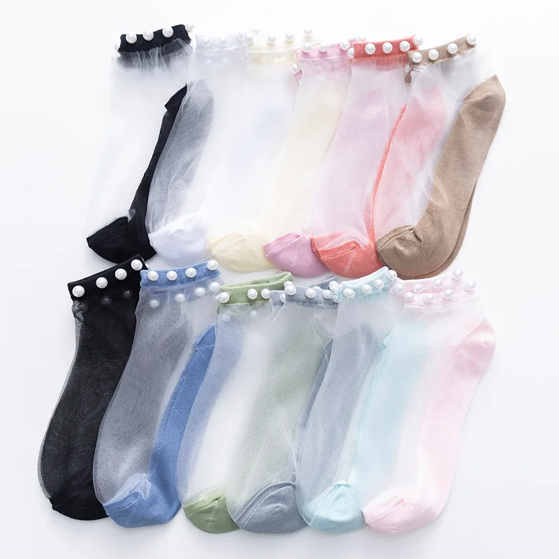 

Summer Short Socks Women Thin Transparent Socks Ladies Daily Harajuku Pearl Glass Silk Sock