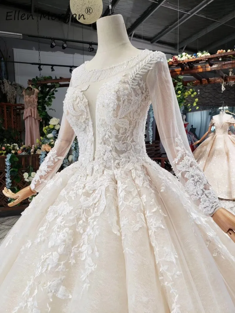 Vestidos De Novia Бальные платья цвета слоновой кости с длинными рукавами для невесты Новые свадебные платья с вырезом лодочкой и кружевной аппликацией из бисера