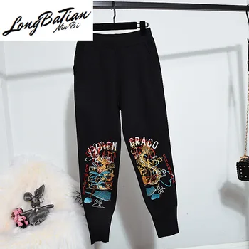 

Embroidery Letter Knitted Set Autumn Long sleeve Sweater Pencil Pants Women Two Piece Outfits Casual Loose Knitwear Suit