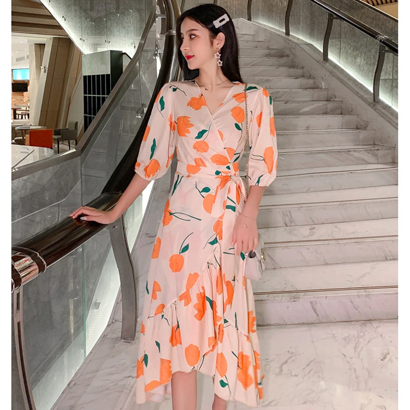 Summer Floral Print Chiffon Women Dress Office Elegant Lady Vintage Vacation Beach Dress Slim Retro Casual Korean Runway Vestido