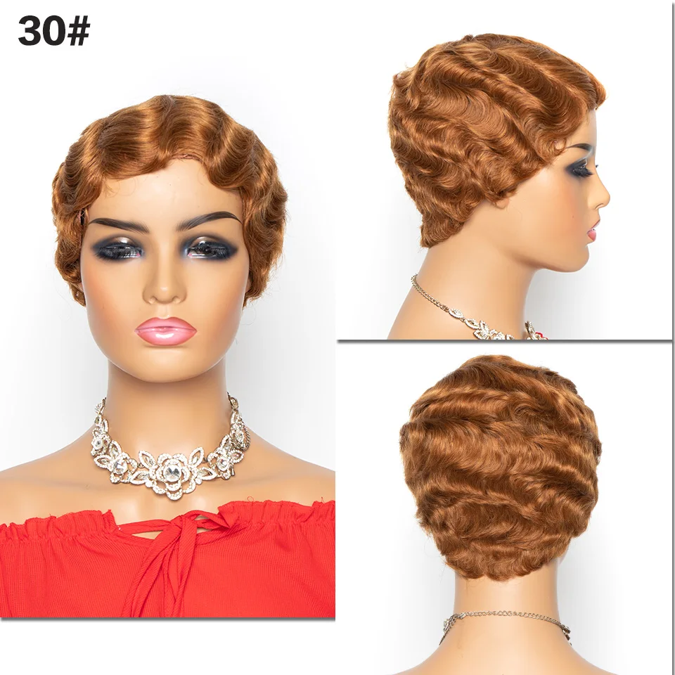 Onda do Dedo Perucas de Cabelo Bob para a Mulher Curto Perucas Pixie Corte Peruca Brasileira Remy Humano Mistura Cor Yepei Cabelo 8 Apliques com cabelo humano