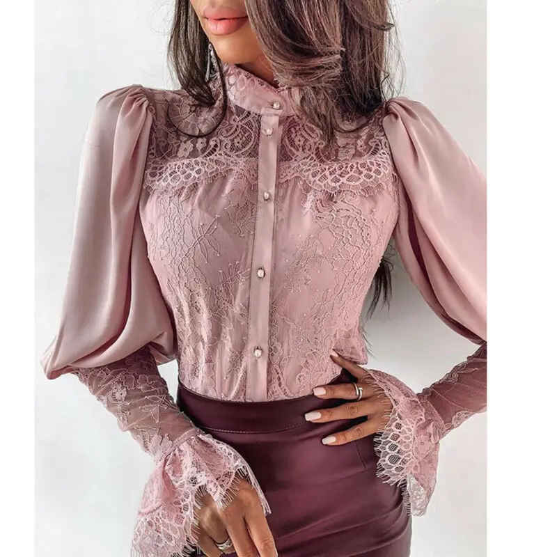 

Hot Sale Women Solid Color Lace Patchwork Blouse Chic Elegant Spring Fall Office Stand Collar Shirt Chiffon Casual Tops Outfits