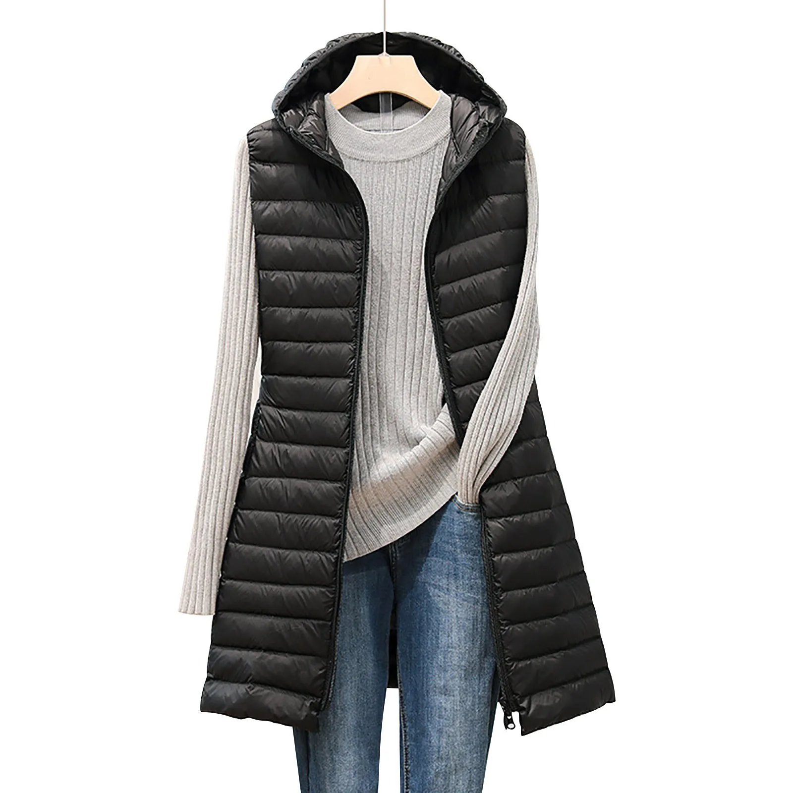 Women's Hooded Vest Jacket New Autumn Winter Warm Sleeveless Jackets Ladies Casual Lightweight Mid-length Hooded Down Vest 1