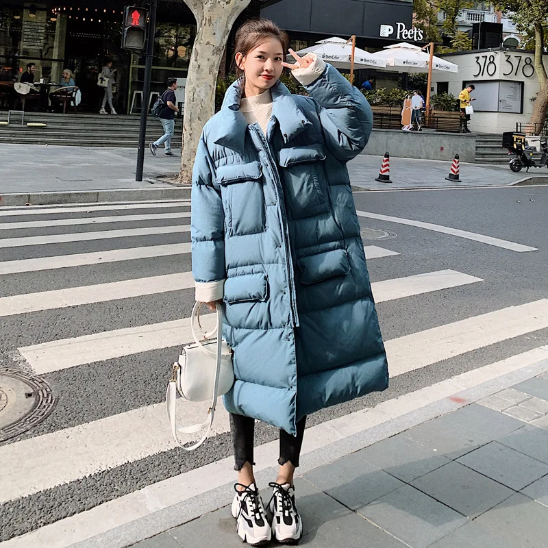 

2021 Big pocket outdoor newest fashion women jacket blue loose warm thicken X-Long coat female winter long parkas