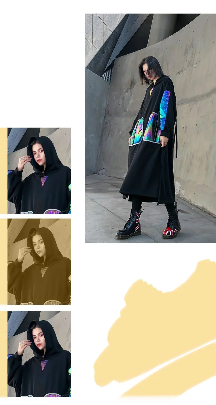 XITAO Tide Patchwork Bright Silk Pocket Dress Women Clothes Zipper Hooded Collar Full Sleeve Autumn and Winter New GCC2607