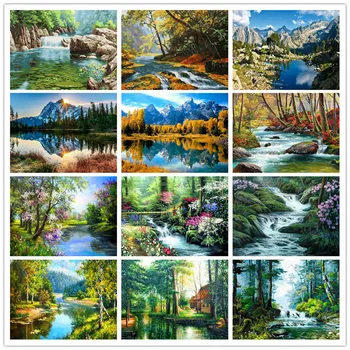 

DIY Painting By Numbers Landscape Snow Mountain River Lake Stream Picture By Numbers For Adults Wall Art Decors Handpainted Gift