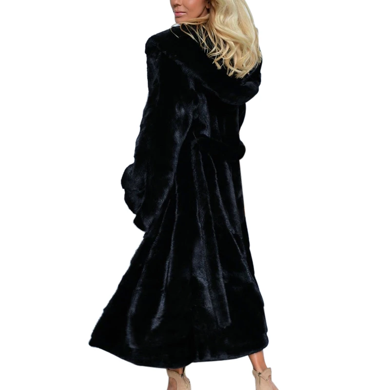 Большой размер d с капюшоном Большие размеры новое длинное однотонное пальто из искусственного меха зимняя теплая повседневная меховая куртка с длинными рукавами женская верхняя одежда пальто