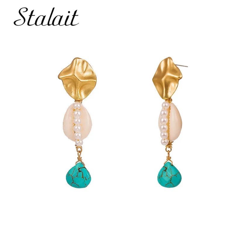 

Boho Cowrie Pearl Beads Irregular Sequins Earrings For Women Charms Hanging Blue Stone Drop Dangle Earrings Summer Beach Jewelry