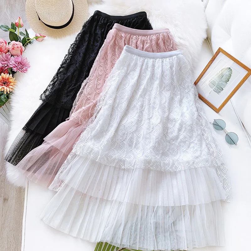 

Wasteheart Spring New Pink White Women Skirts High Waist A-Line Mid-Calf Long Skirt Mesh Clothing Plus Size Ball Gown Pleated