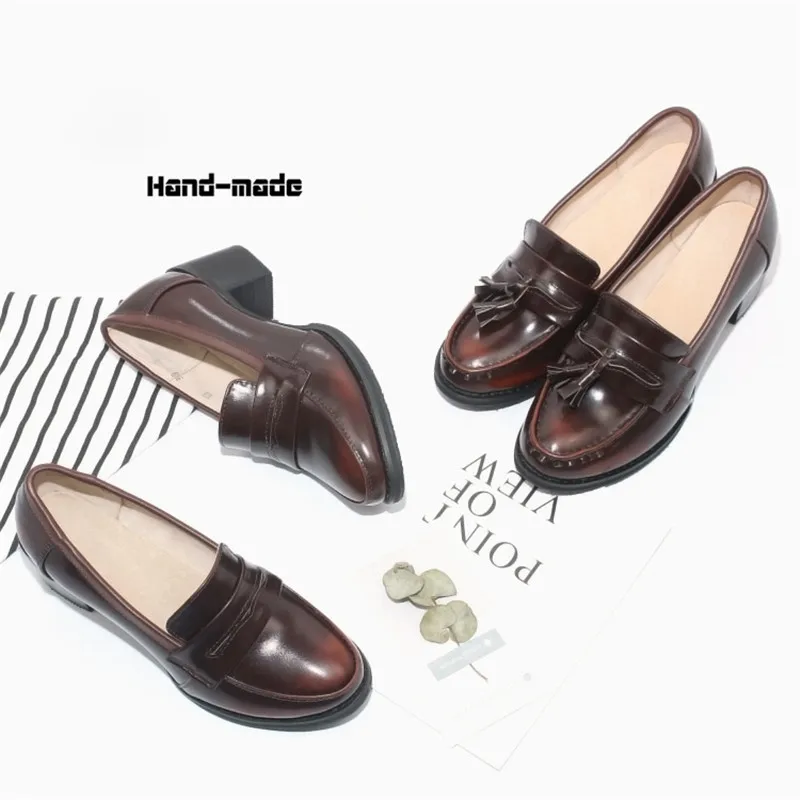 Loafer Pumps Shoes Women Vintage Genuine Leather Women's Shoes Brogues Thick High Heel British College Tassel Women Pumps Oxford (6)