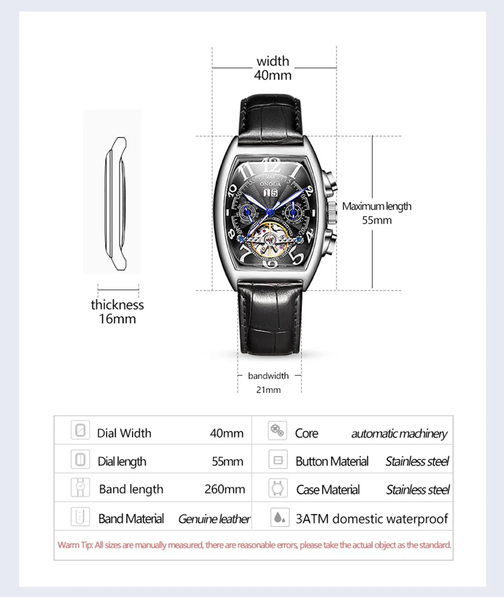 ONOLA брендовые автоматические механические мужские часы модные деловые наручные часы Уникальный кожаный ремень высококачественные подарочные часы Мужская коробка