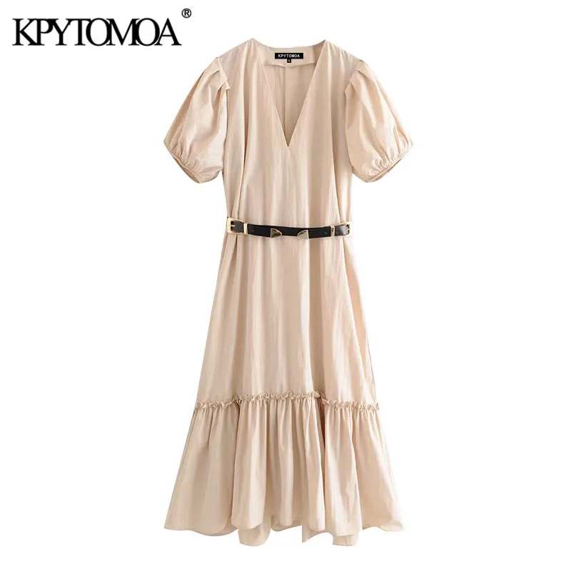 KPYTOMOA Women 2020 Elegant Fashion Ruffled With Belt Midi Dress Vintage V Neck Puff Sleeve Female Dresses Vestidos Mujer KPYTOMOA Women 2020 Elegant Fashion Ruffled With Belt Midi Dress Vintage V Neck Puff Sleeve Female Dresses Vestidos Mujer