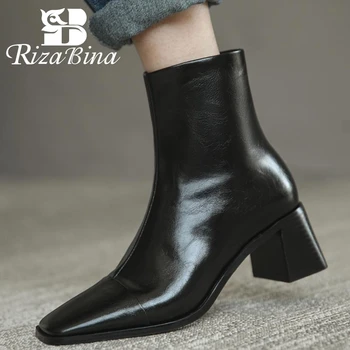 

RIZABINA New Woman Ankle Boots Genuine Leather Square Toe Woman Winter Shoes Fashion Cool Short Boots Woman Size 34-39