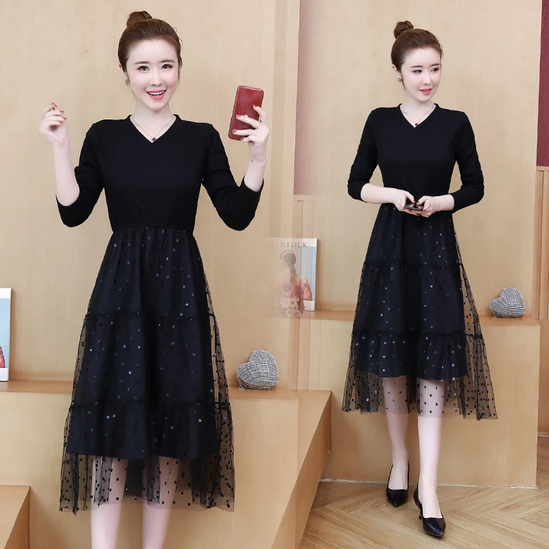 

New 5XL Spring Autumn Women Dresses Plus Size Fashion V-Neck Slim Knitted Patchwork Dot Mesh Dress For Women Larger One-Piece