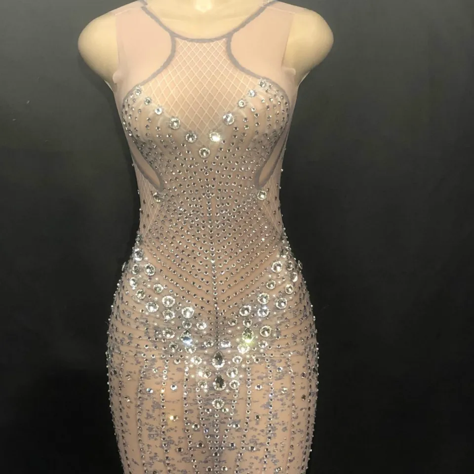 Sexy Bling Long Rhinestone bodycon Dress Women Net Yarn Sparkling Crystal Sleeveless Nightclub Party Dancer Singer Stage Wear