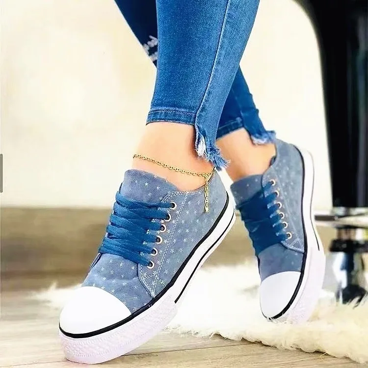 2021 Spring and Autumn New Denim Canvas Shoes Women's Large Size European and American Low-top Lace-up Flat Shoes Women