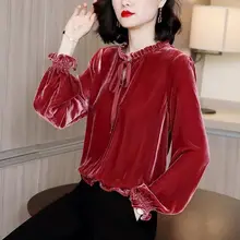 

2020 Autumn Winter Women Bow Velvet Shirt Female Vintage Casual Loose Bottom Blouses Warm Pullover Tops Plus Size 4XL