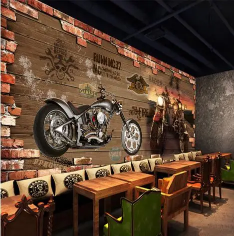 На заказ 3d Фреска интернет кафе 3D винтажная мотоциклетная машина деревянная кирпичная стена Европейская ретро кафе Спальня Гостиная Фреска обои