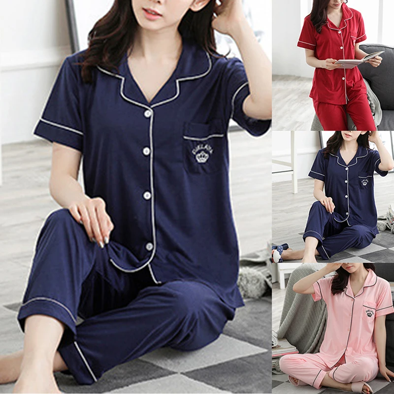 

Women Casual Pajamas Set Long Sleeve Cute Lapel Solid Color Cardigan Lady Autumn Homewear Set
