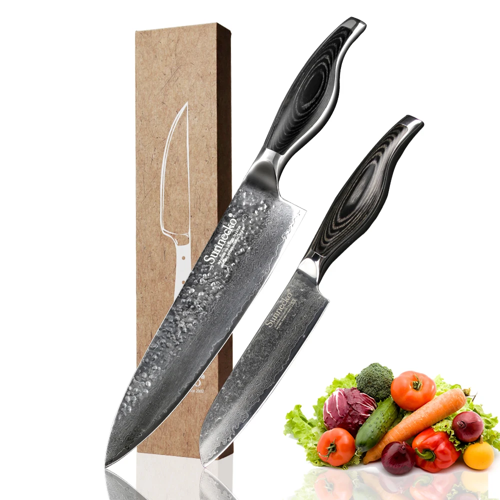 

SUNNECKO Damascus 8'' Chef 5'' Santoku Knife Japanese VG10 Steel Blade Kitchen Knives Set Pakka Wood Handle Sharp Cooking Tools