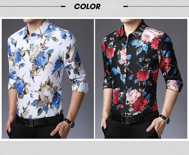 MIACAWOR, новинка, весенние мужские рубашки, повседневные приталенные рубашки с длинным рукавом, мужские рубашки с цветочным принтом в Корейском стиле C577