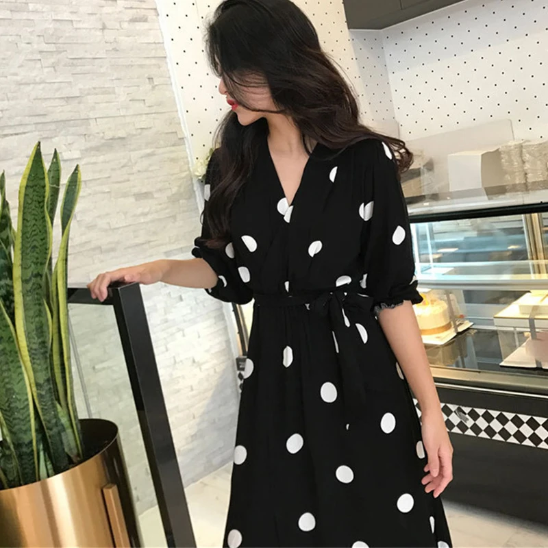 Very Cheap mxyZq NEW Korean Vintage Summer Dress Women Polka Dot V Neck Bandage Office Party Dresses Casual Sexy Black Beach Sundress Vestidos