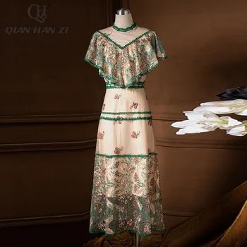 

Qian Han Zi Runway designer fashion long elegant dress Women's cape sleeve ruffled mesh embroidered dress