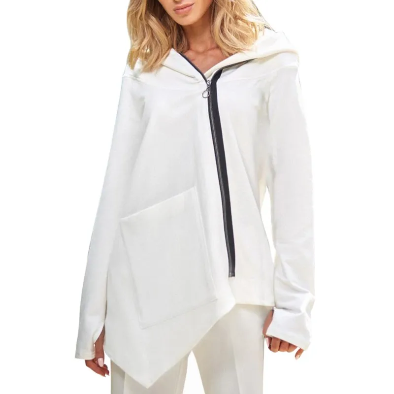 

Casual Jacket Women Temperament Loose Zipper Coat Solid Color Long Sleeve Pocket Hat Collar Jacket Irregular Hoodie Outwear