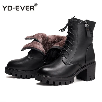 

2020 Women Snow Boots Winter High Heel Ankle Boots Women Warm Platform Shoes Genuine Leather Thick Wool Fur Booties