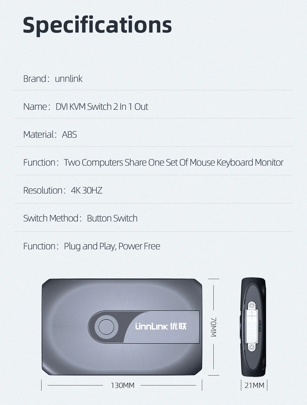 Unnlink 2X1 DVI KVM переключатель коробка селектор переключатель DVI 2 в 1 выход Обмен USB 2,0 монитор мышь Клавиатура для 2 компьютера Ноутбуки ПК