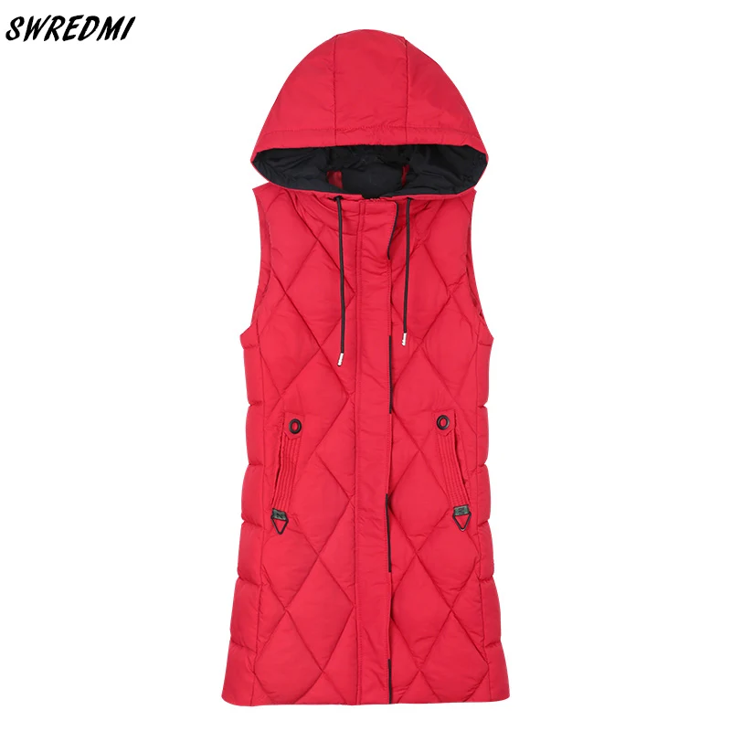 SWREDMI осень-зима жилет Для женщин Красная куртка с капюшоном жилет Длинная женская куртка, пальто без рукавов Толстая Теплая зимняя одежда из плотной шерсти для девочек