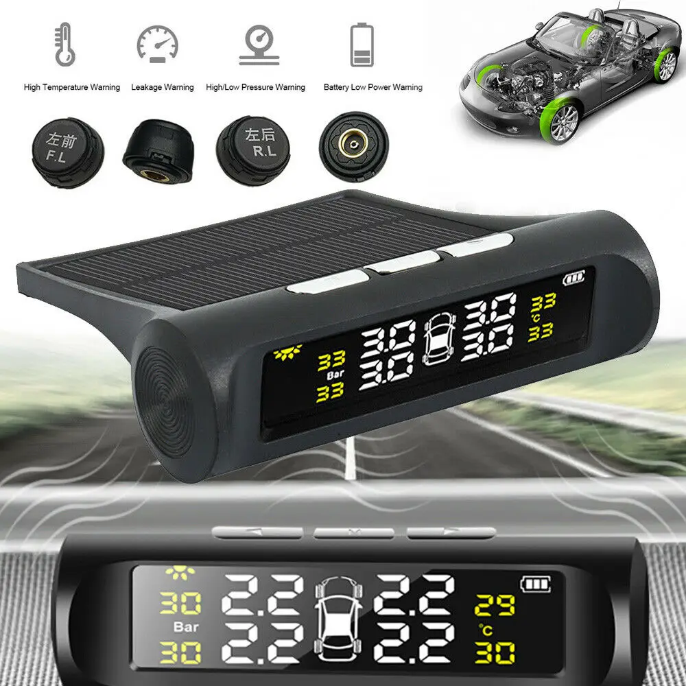 

Wireless Solar Car TPMS Tire Pressure Gauge Monitoring System Digital LCD Display Automatic Safety Alarm System Extra 4 Sensors