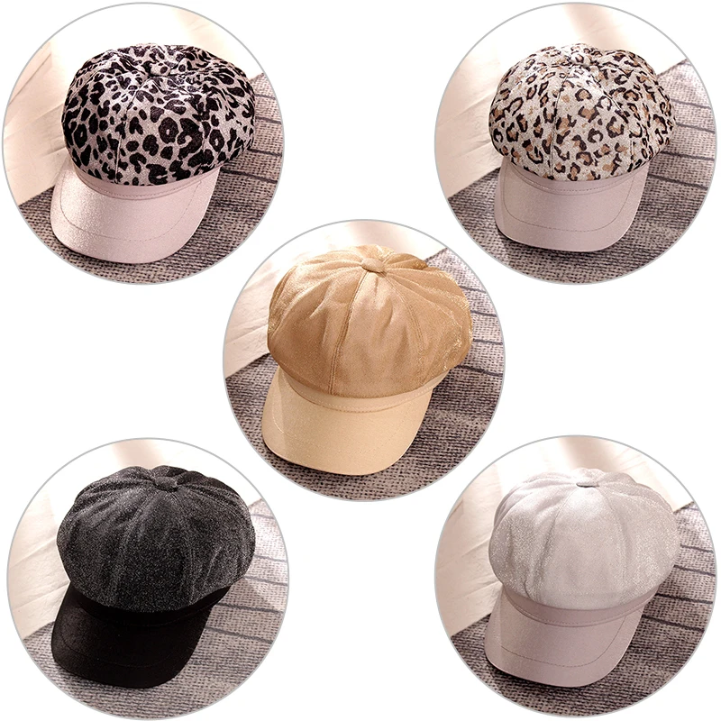 Sparsil Unisex Winter Lepoard Octagonal Hats Flat Retro Painter Wool Newsboy Caps Women Men Winter Casual Beret Couples