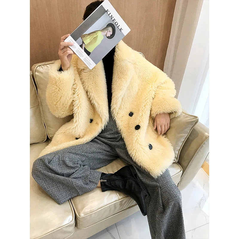 Yellow Пальто из натурального меха, Женская длинная куртка для стрижки овец, женская зимняя одежда, корейское винтажное шерстяное пальто, меховые Топы Hiver 19916 - Цвет: Yellow
