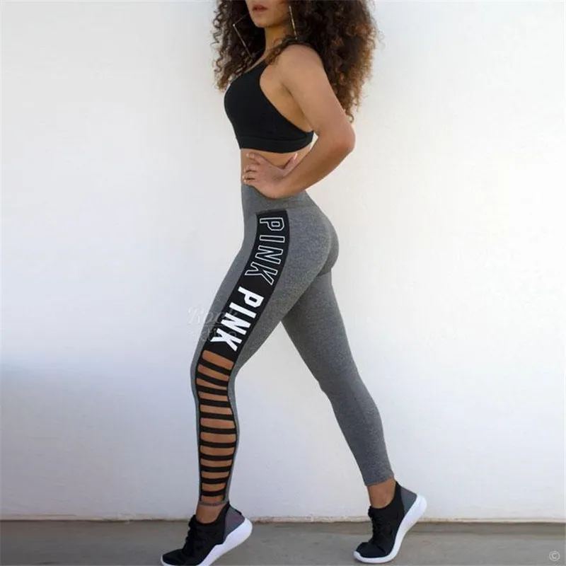 

High elasticity gym leggings pants woman push up hip high waist printed leggings white letter Cutout workout spandex pants women