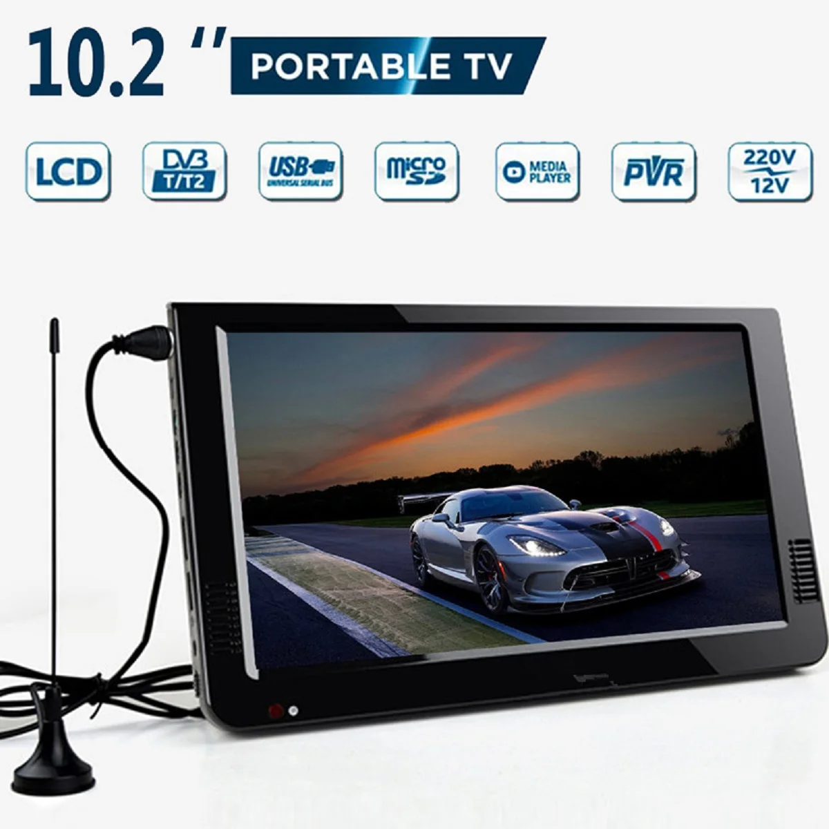 

10.2 Inch 12V Portable Digital Analog Television DVB-T / DVB-T2 TFT LED HD TV Support TF Card USB Audio Car Outdoor Television