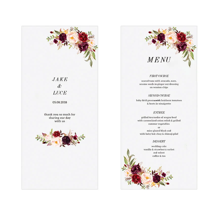 Dinner Plate Decoration 50pcs Custom Logo Wedding Menu Cards Pearl Paper Personal Name Date Wine Red Flara Pattern Any Language