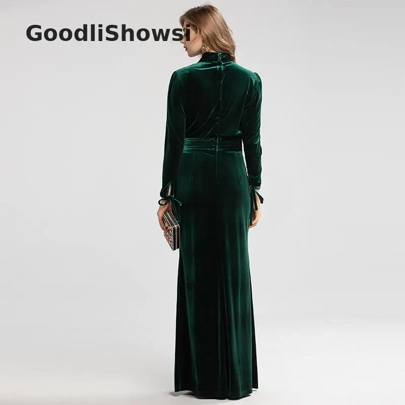 GoodliShowsi высококачественное элегантное женское платье-футляр однотонное очаровательное женское длинное платье макси с бантом на воротнике бархатное торжественное платье