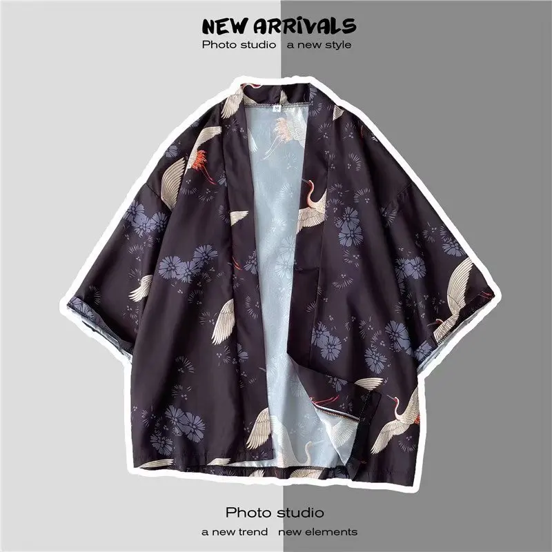 Japanese Kimono Man V-hanver Yukata Mannelijke Samurai Kostuum Haori Obi Strand Mannen Kimono Vest Japanse Streetwear Jas
