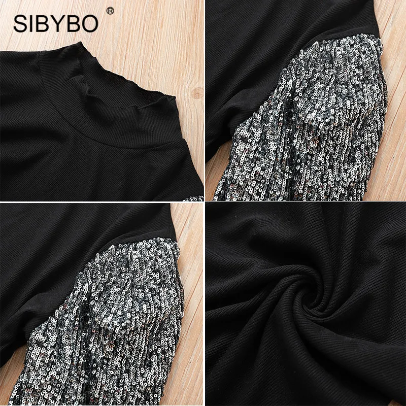 SIBYBO/повседневные женские топы в рубчик с блестками, зимняя футболка с длинным рукавом и высоким воротником, женские тонкие элегантные футболки