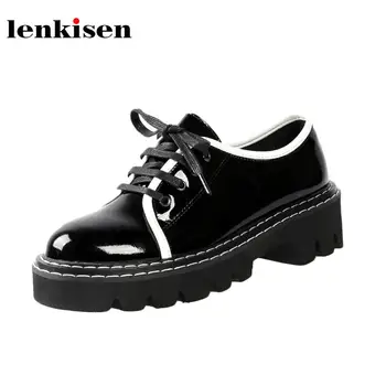 

Lenkisen big size mixed colors vintage cow leather round toe thick bottom med heels British school lace up deep mouth shoes L21